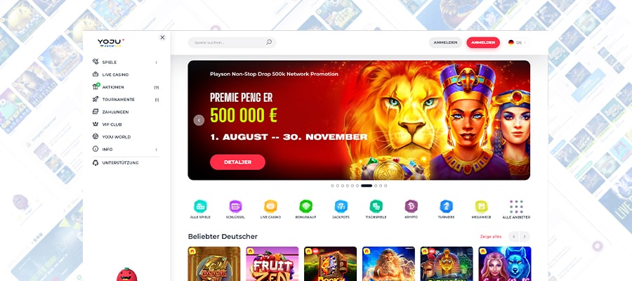 SkÃ¦rmbillede af Yoju Casino's hjemmeside med en rÃ¦kke spilleautomatspil og salgsfremmende tilbud.